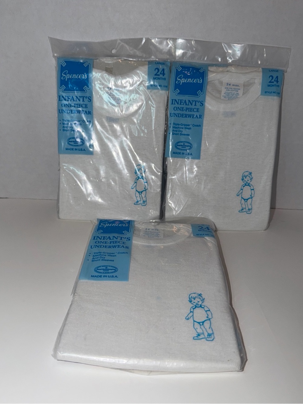 Lot of 3 Vtg Spencer’s Infants One-Piece Underwear USA Large 24 Months NOS White